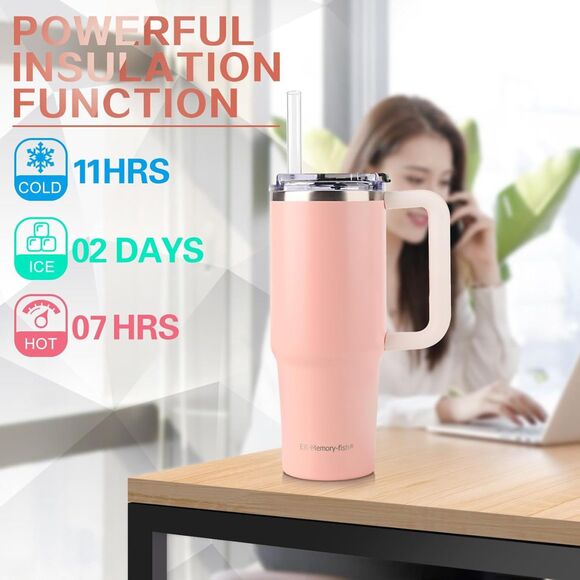 EK-Memory-fish 30 oz Tumbler with Handle and Straw Insulated - Rose Pink (4279) - Picture 4 of 6